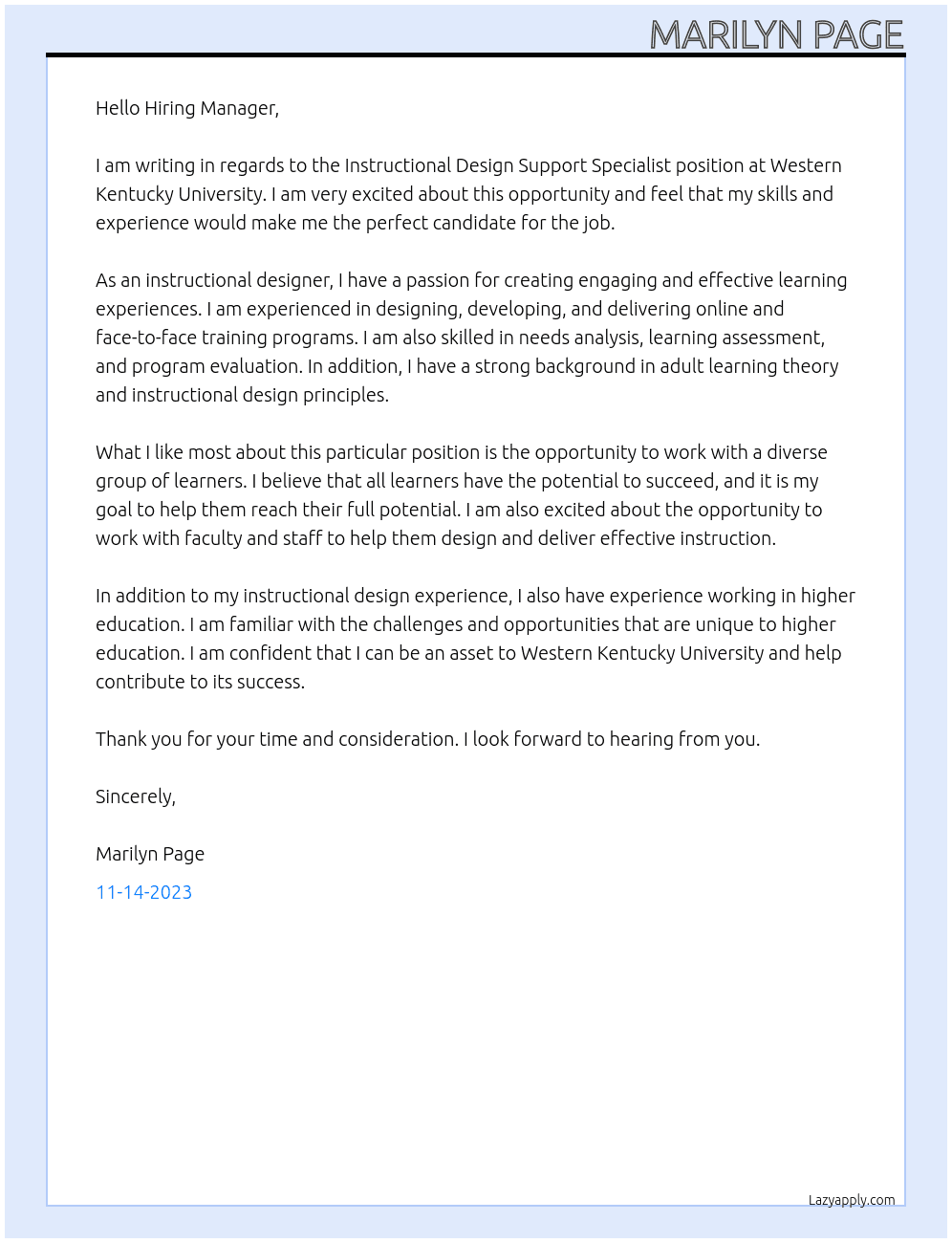 Instructional Design Support Specialist At Western Kentucky University Cover Letter