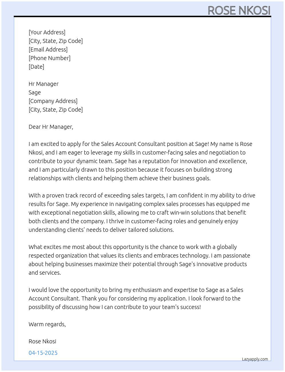 Sales Account Consultant At Sage Cover Letter
