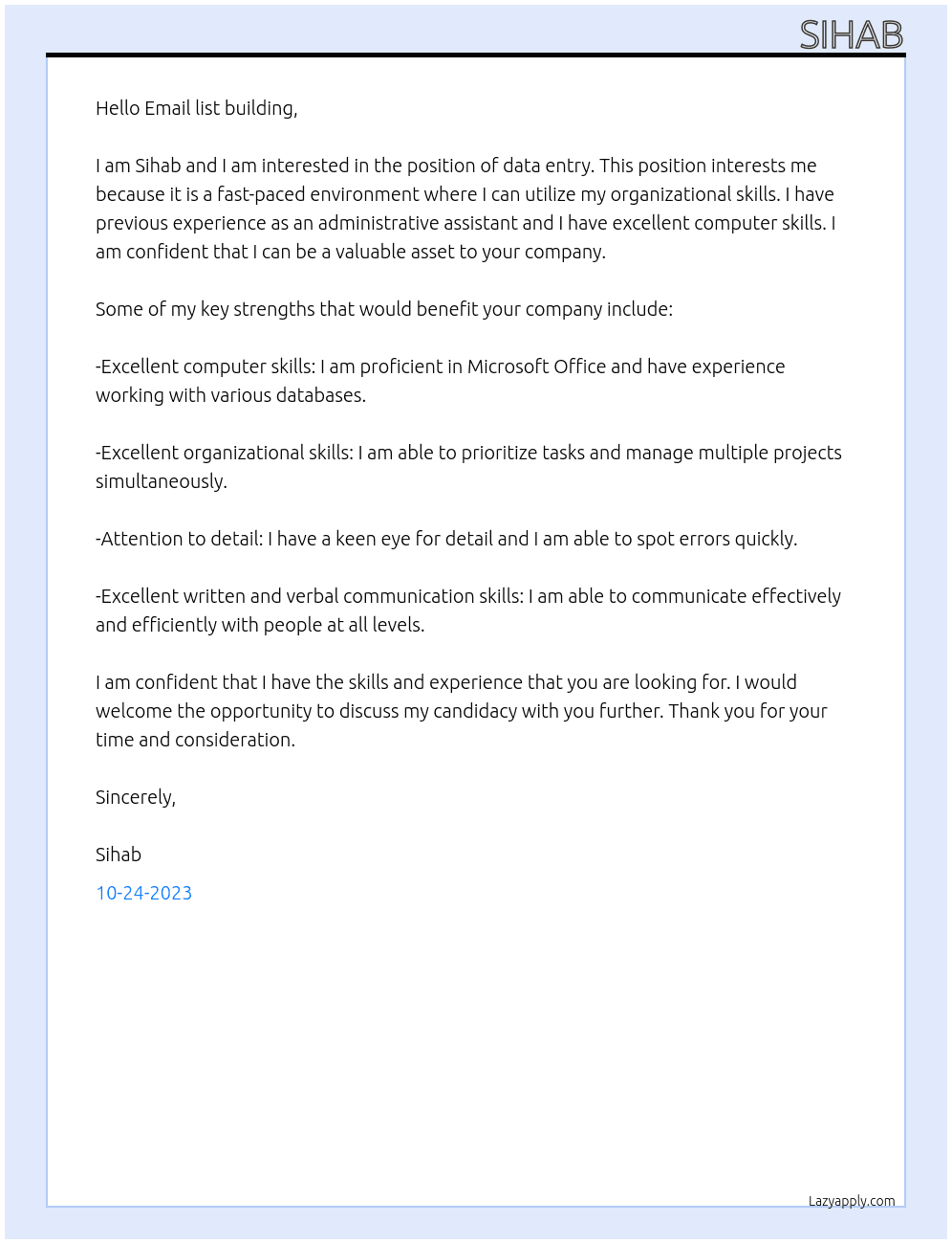 Data entry At Email list building  Cover Letter