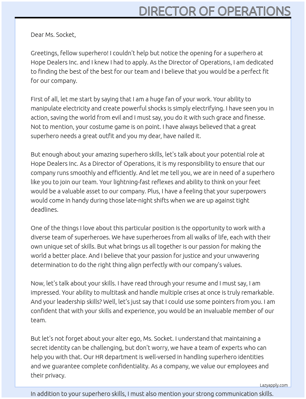 superhero At Hope Dealers Inc. Cover Letter