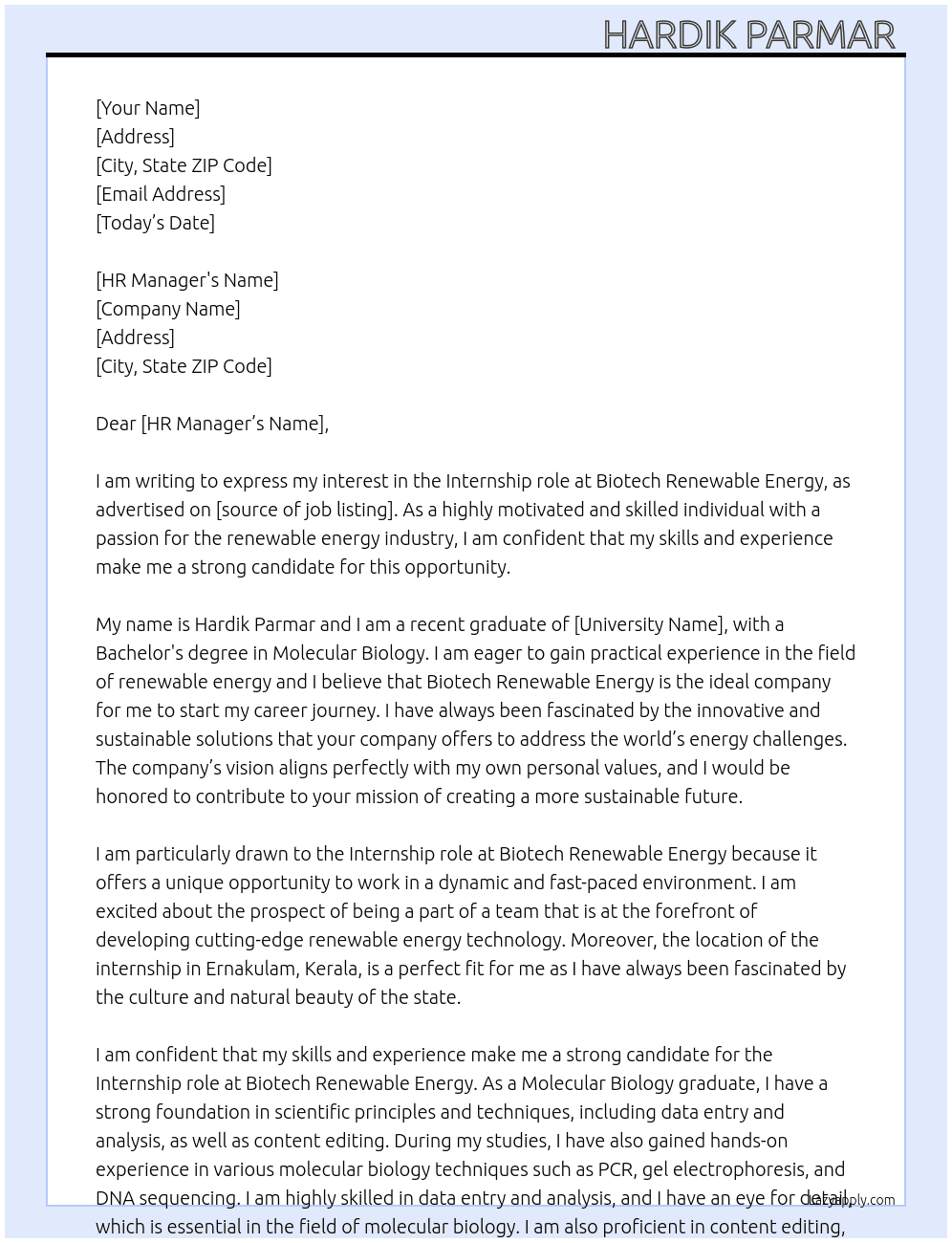 Internship  At Biotech renewable energy  Cover Letter