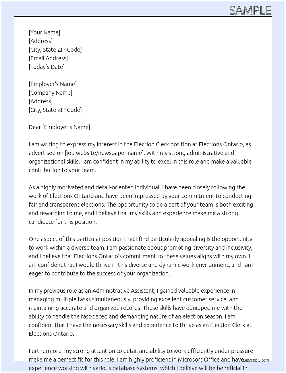 Election Clerk At Elections Ontario Cover Letter