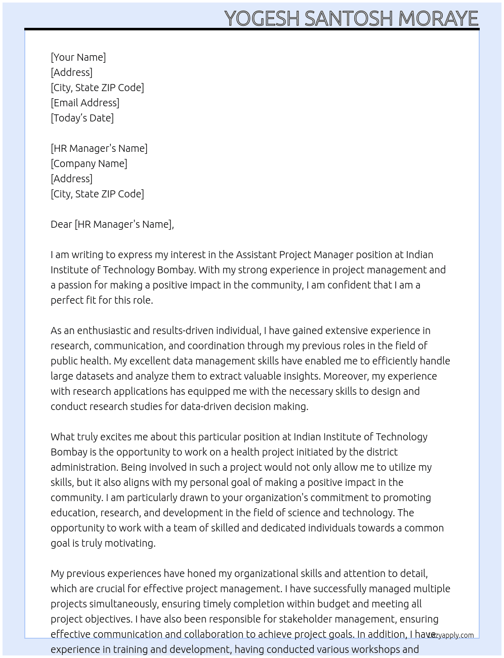 Assistant Project Manager At INDIAN INSTITUTE OF TECHNOLOGY BOMBAY Cover Letter