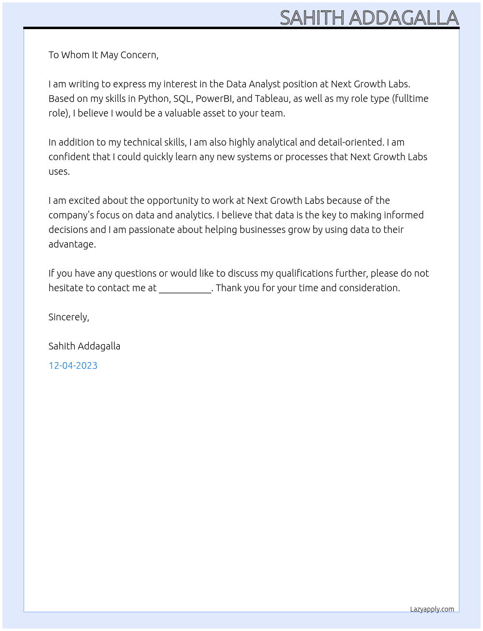 data analyst At next growth labs Cover Letter