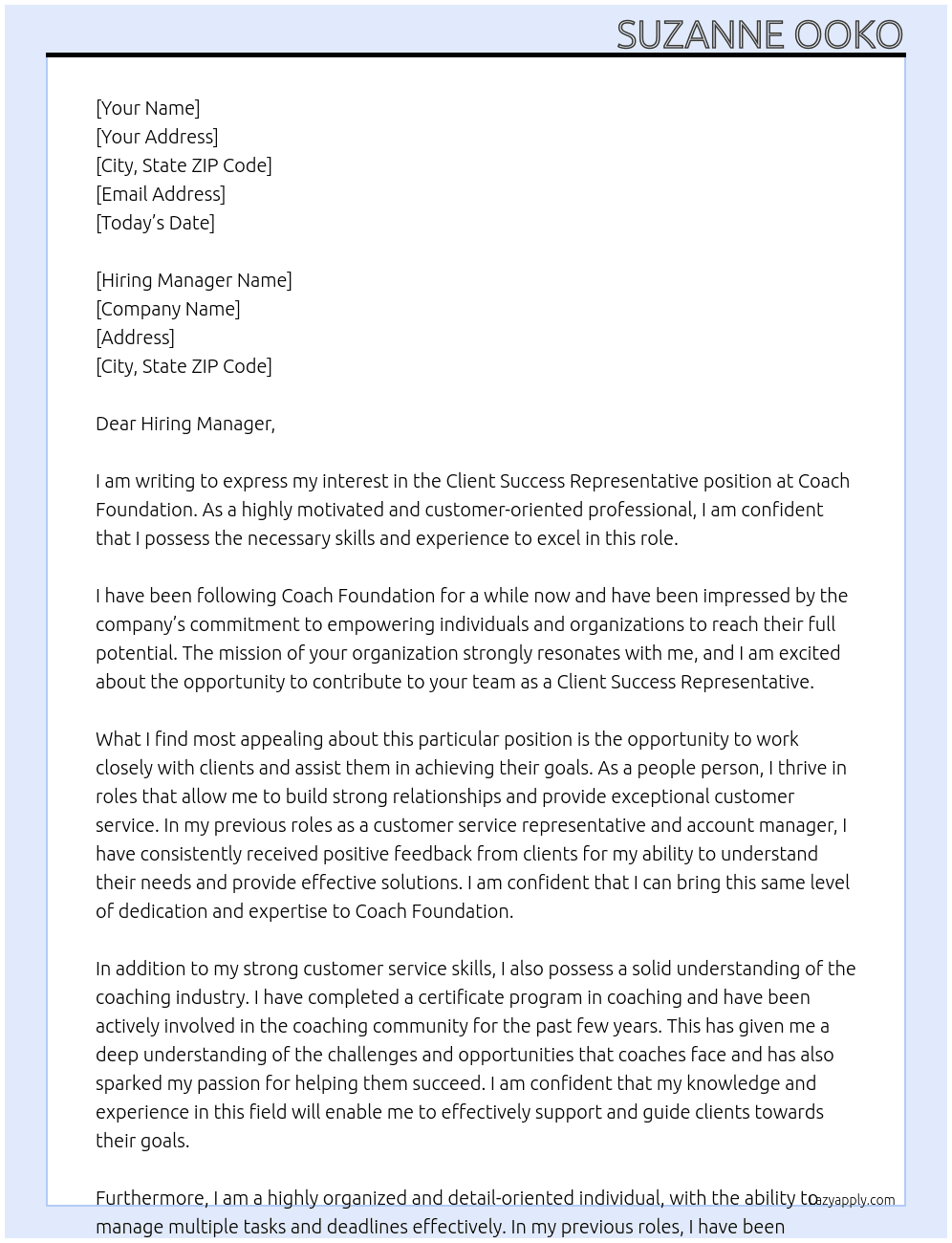 Client Success Representative At Coach Foundation Cover Letter