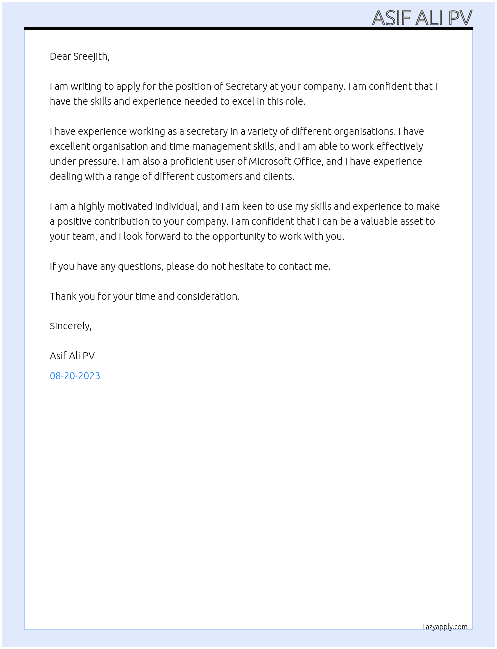 Secretary  At Sreejith  Cover Letter