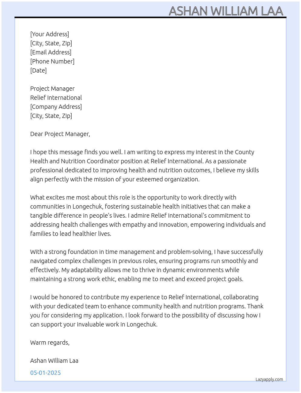 County health and nutrition coordinator  At Relief International  Cover Letter