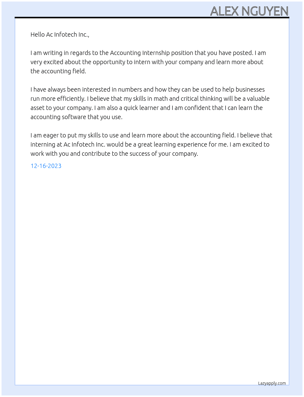 Accounting Internship At Ac Infotech Inc. Cover Letter