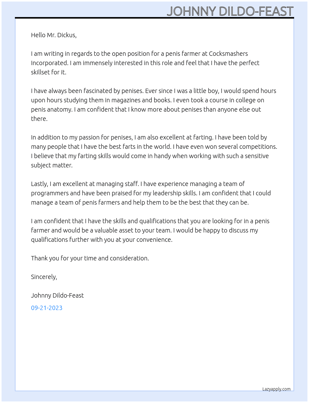 Penis farmer At Cocksmashers Incorporated Cover Letter