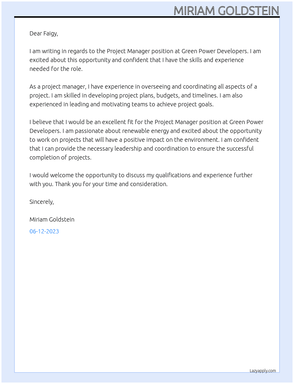 Project Manager At Green Power Developers Cover Letter
