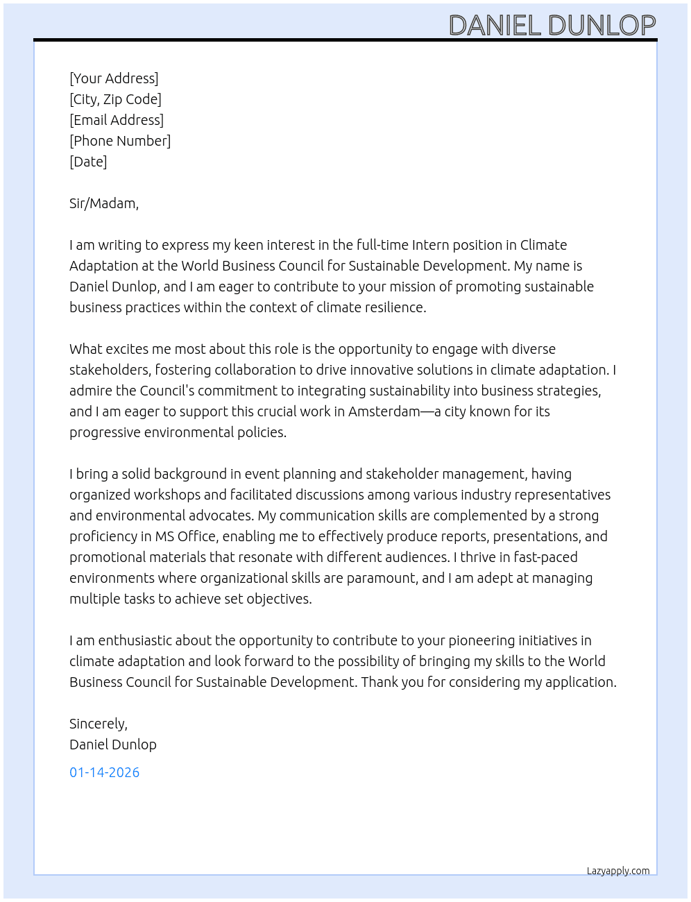 Cover letter for intern, climate adaptation - LazyApply