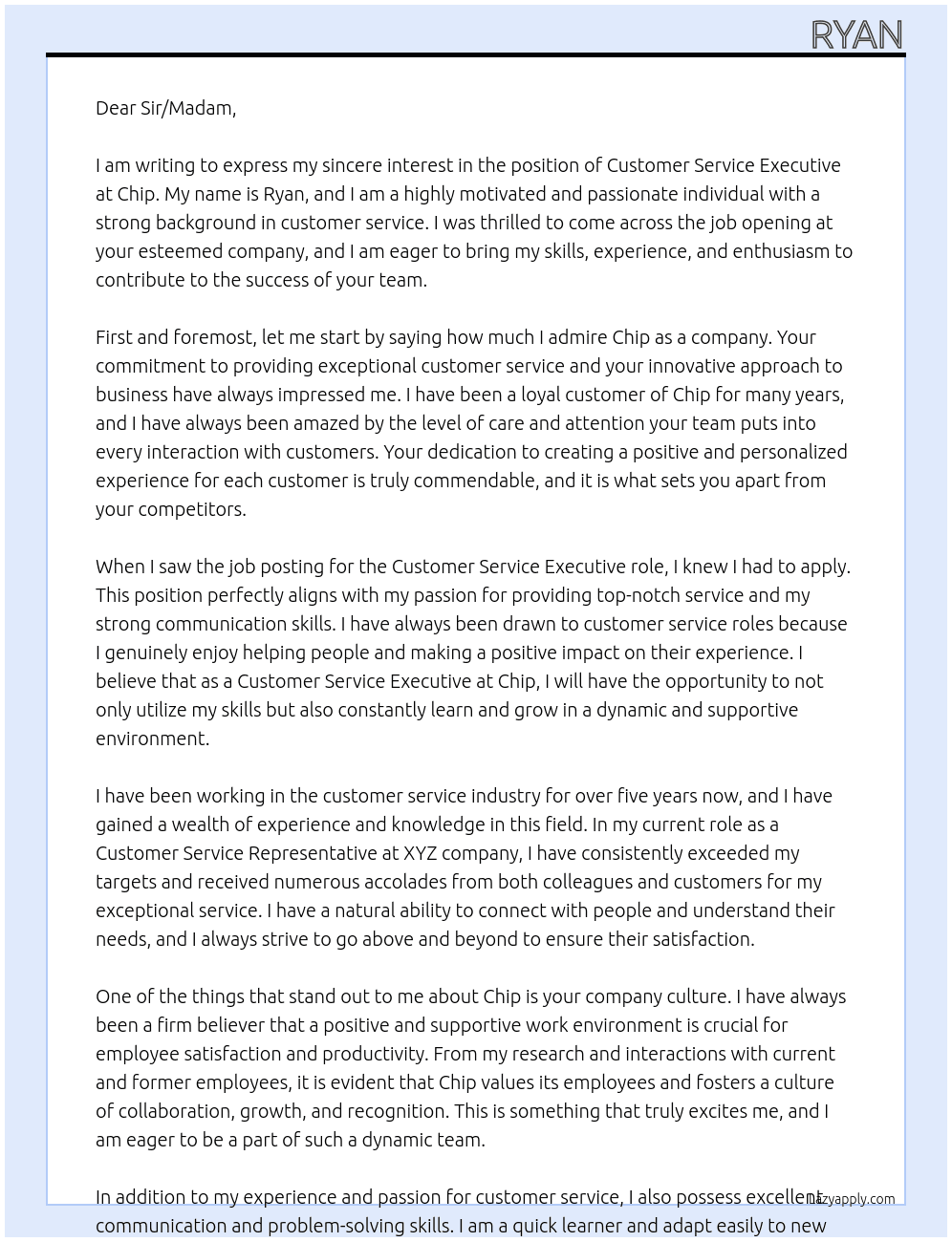 Customer Service Executive At Chip Cover Letter