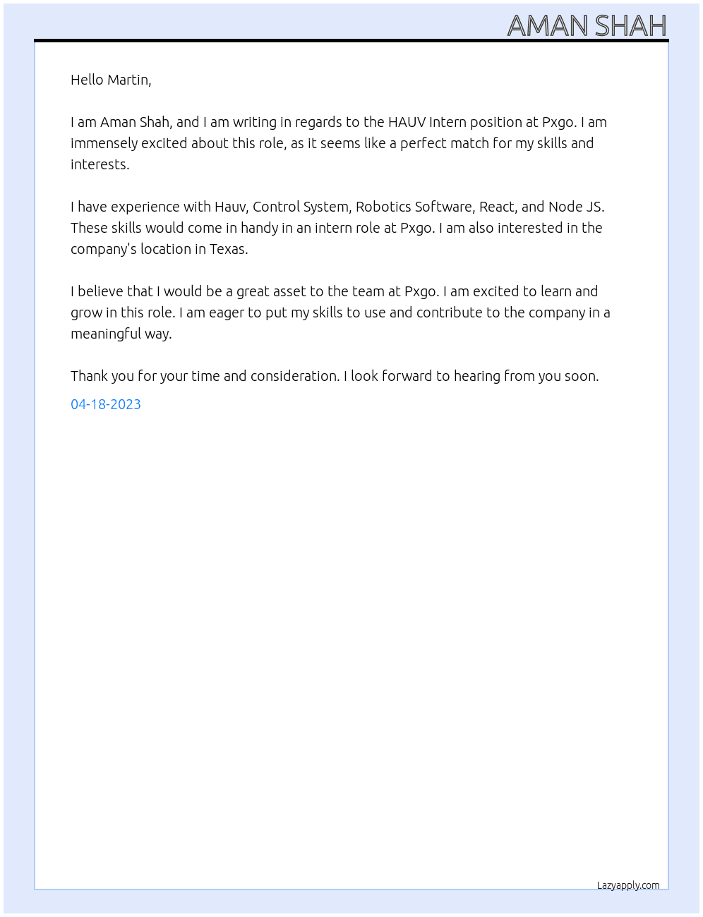 HAUV Intern At Pxgo Cover Letter