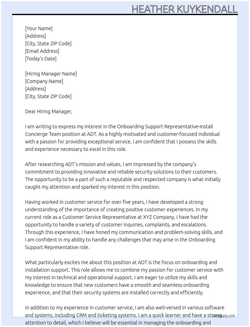 Onboarding Support Representative-Install Concierge Team  At ADT Cover Letter