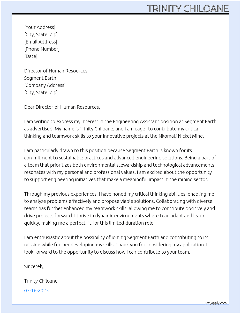 Cover letter for engineering assistant - LazyApply