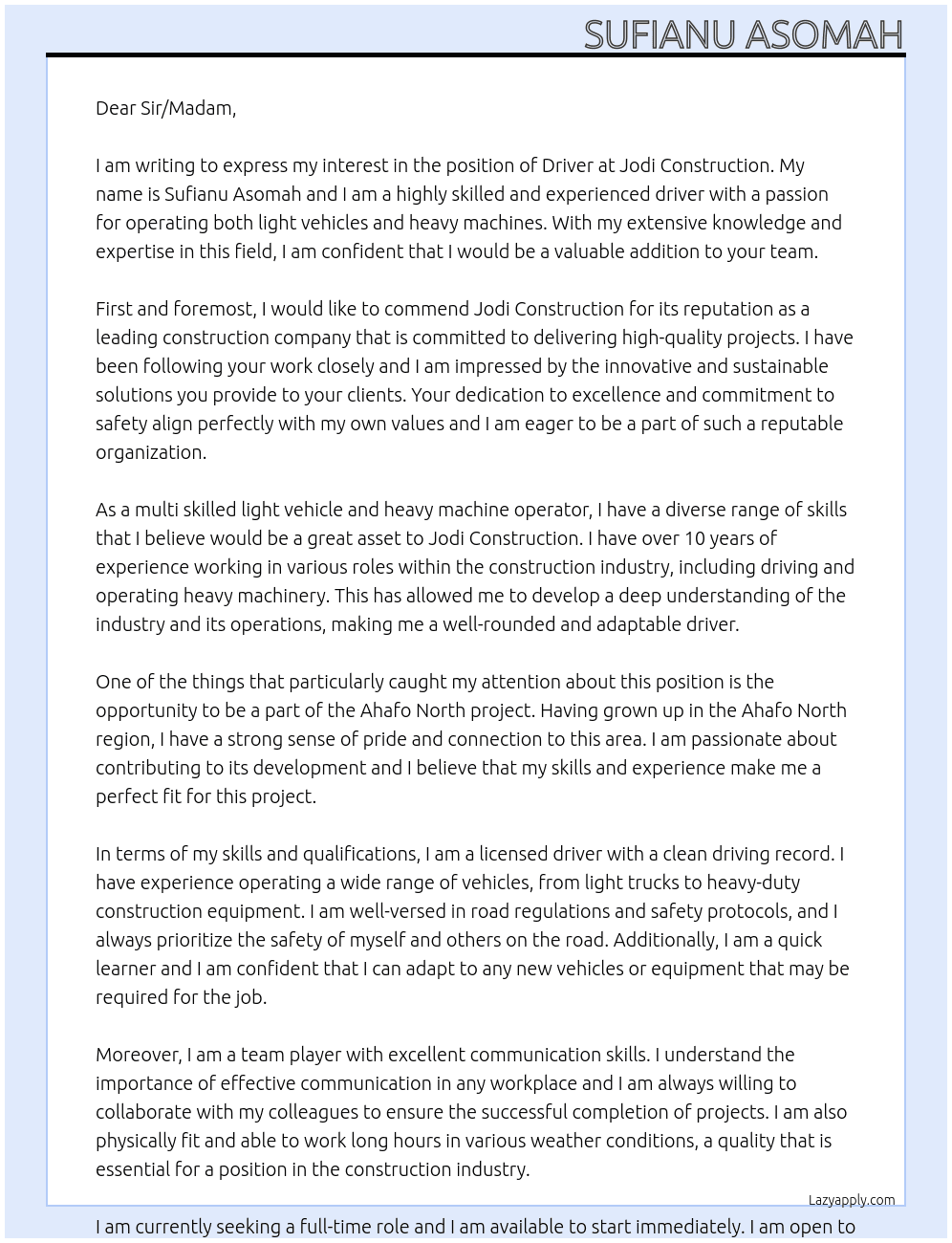 Driver At Jodi construction  Cover Letter