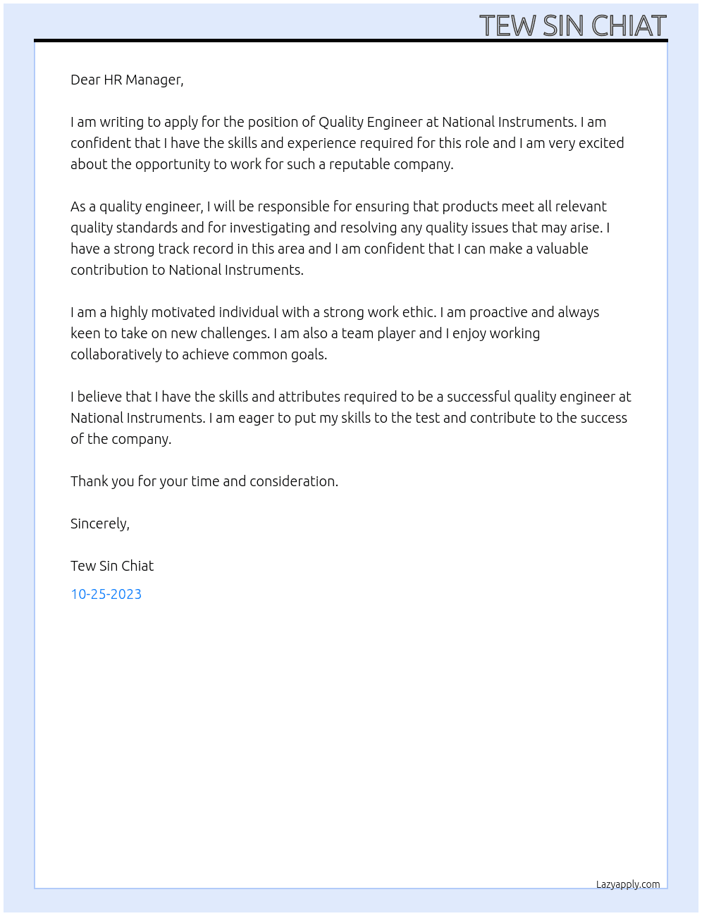 Quality Engineer At National Instruments Cover Letter