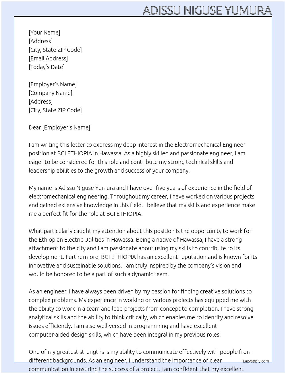 Cover letter for electromechanical engineer - LazyApply