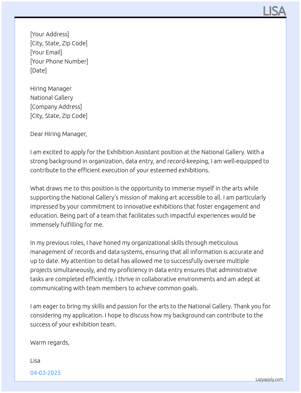 Cover letter for exhibition assistant - LazyApply
