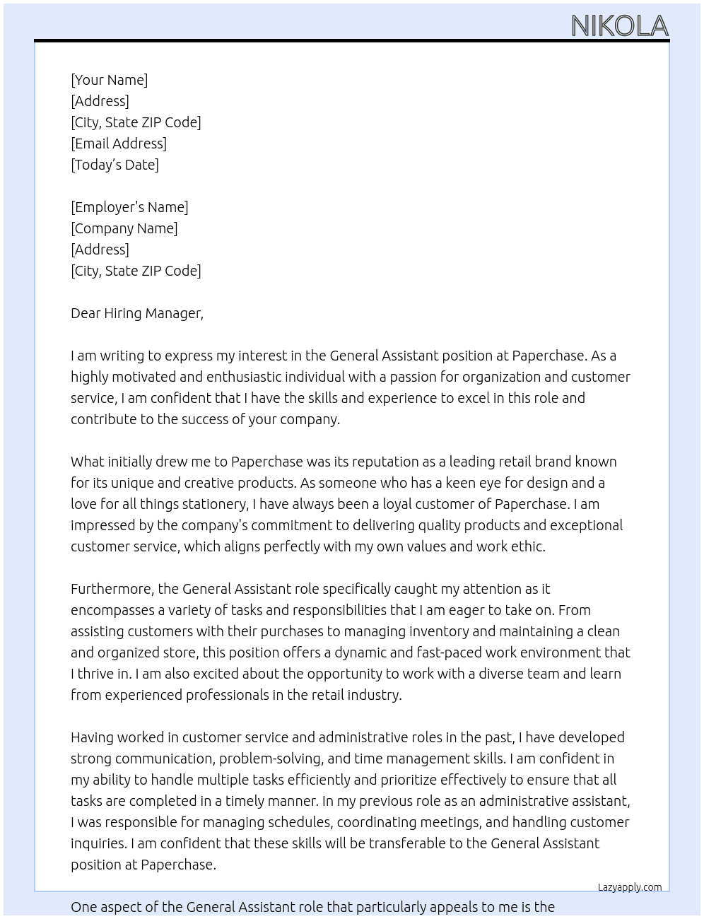 general assistant At paperchase Cover Letter