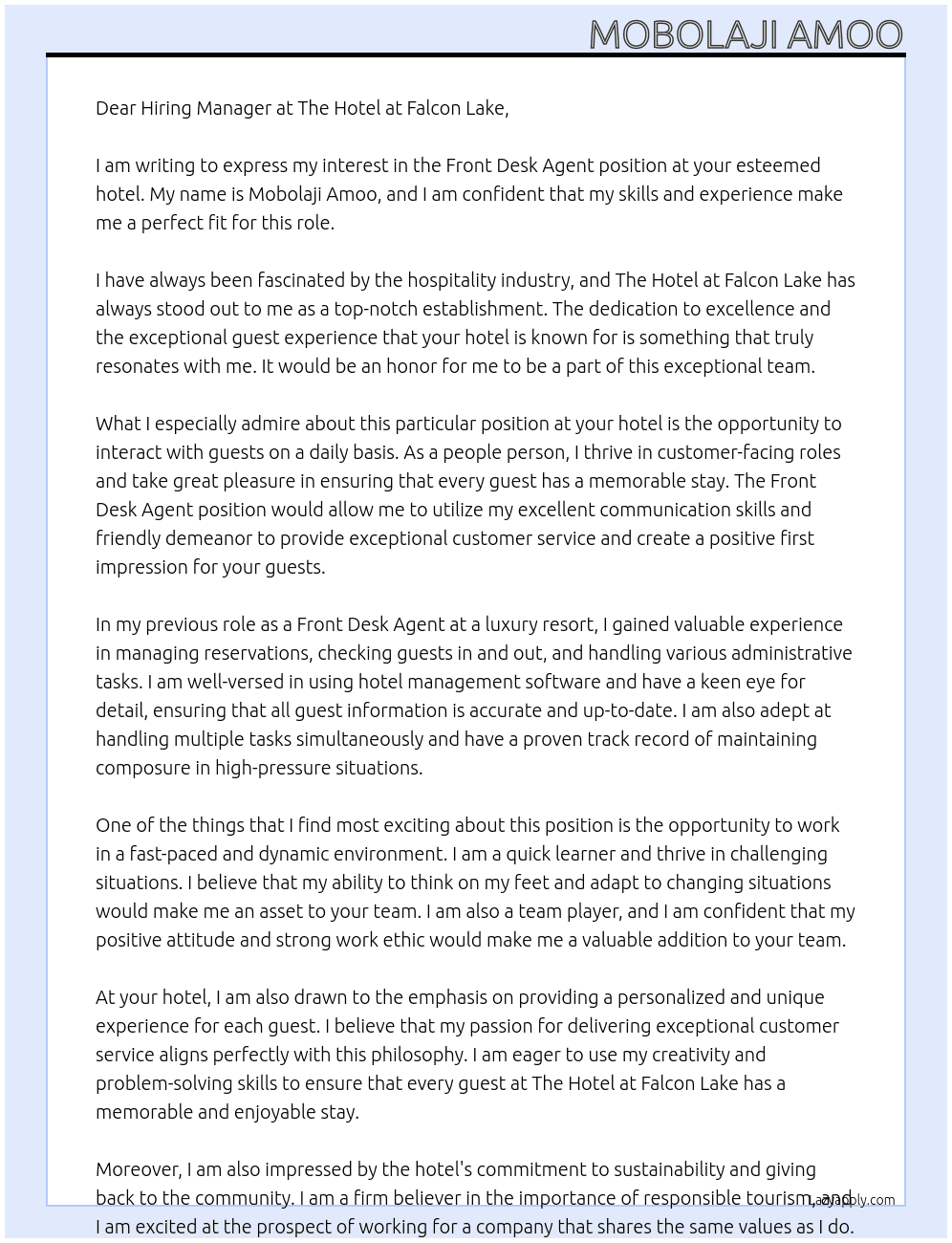Front Desk Agent At The Hotel at Falcon Lake  Cover Letter