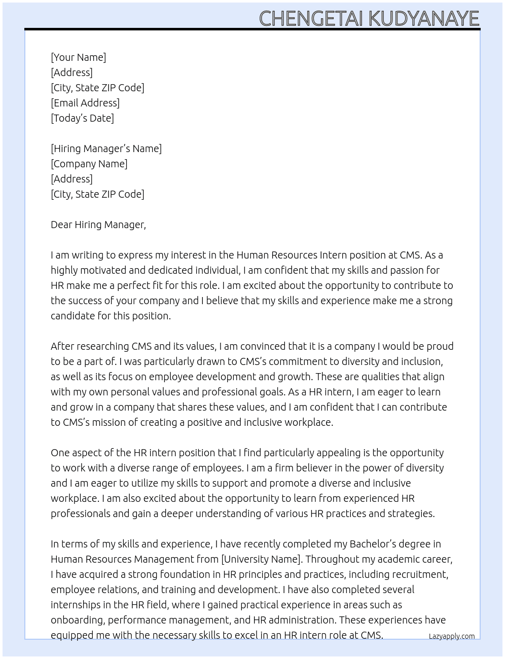 Human Resources intern  At Cms Cover Letter