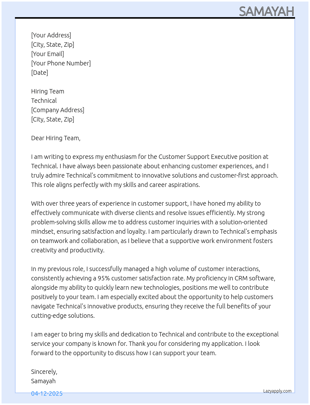 Customer support executives  At Technical Cover Letter