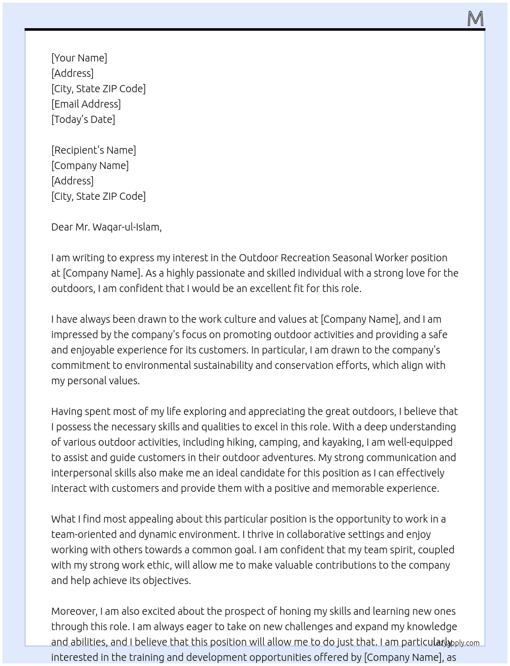 Cover letter for outdoor recreation seasonal worker - LazyApply