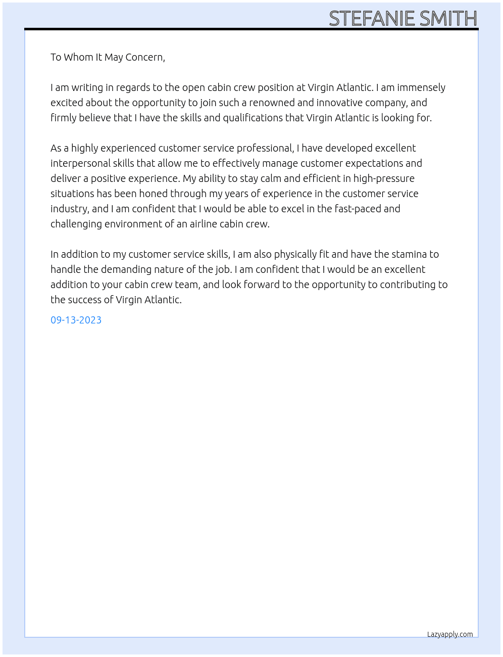 cabin crew At virgin atlantic Cover Letter