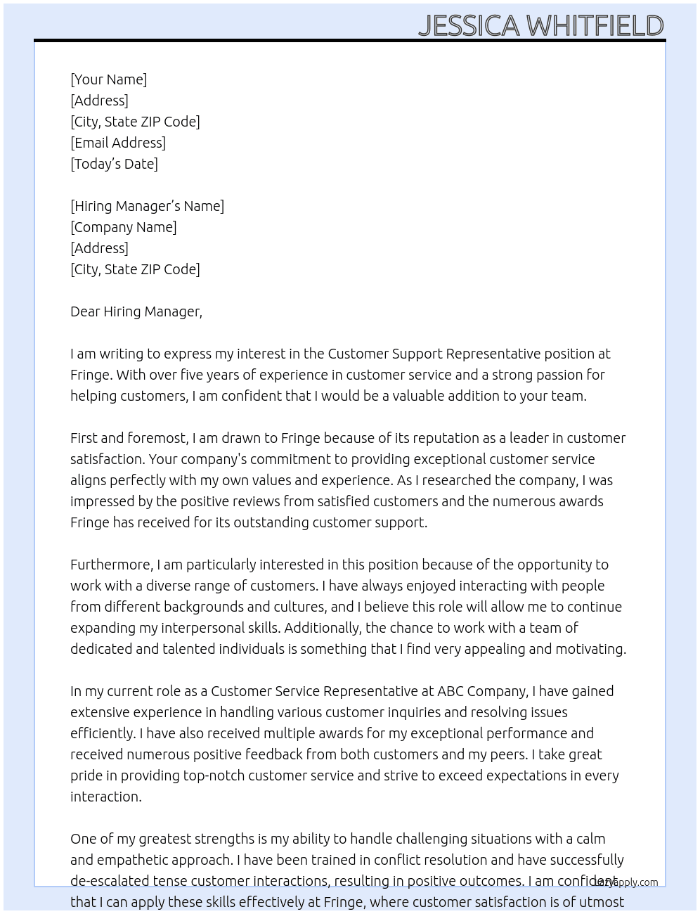 Customer Support Representative At Fringe Cover Letter