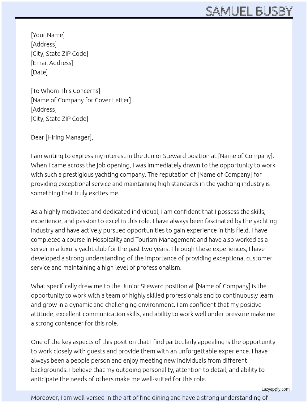 Junior Steward At yachting Cover Letter