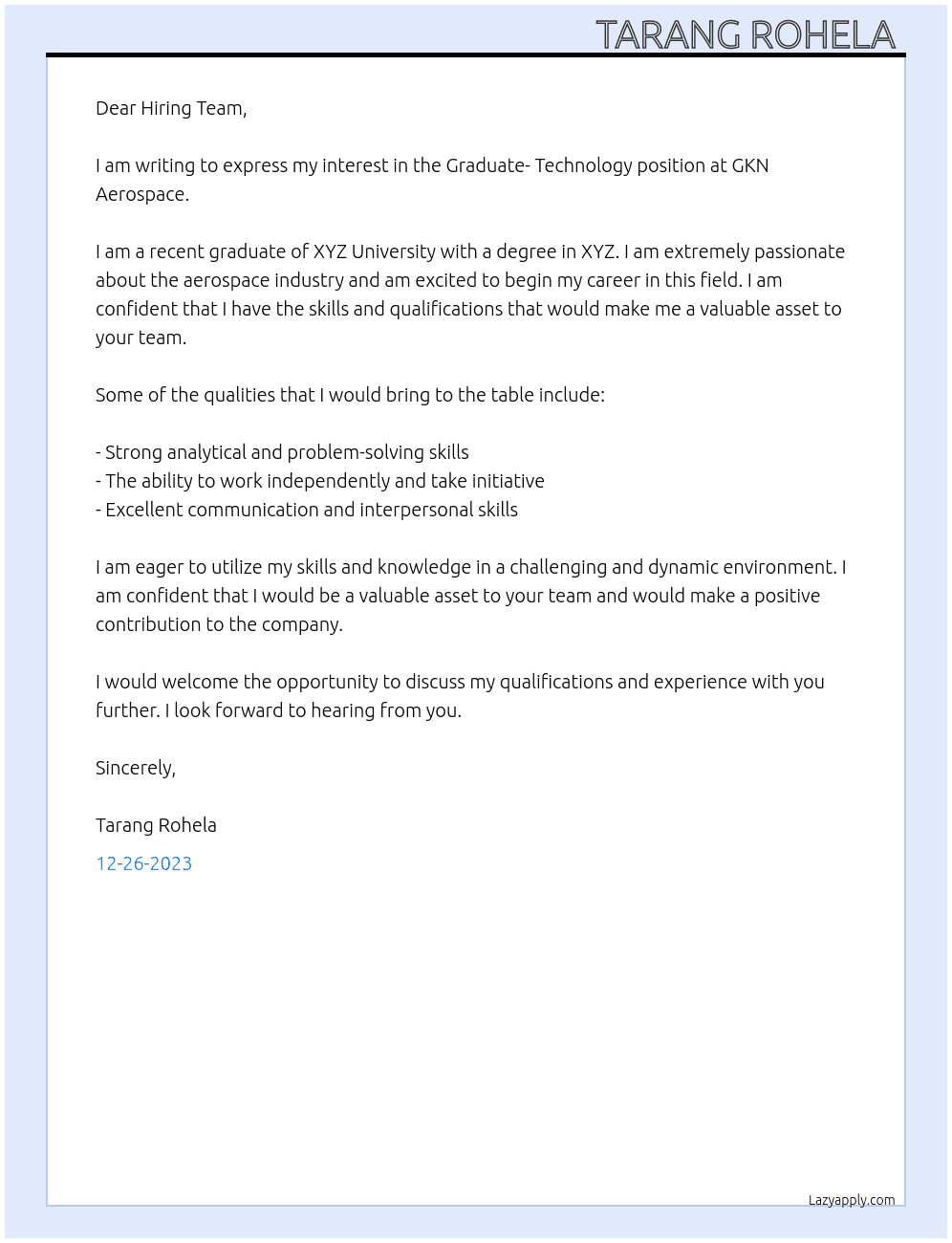 Graduate- Technology At GKN Aerospace Cover Letter