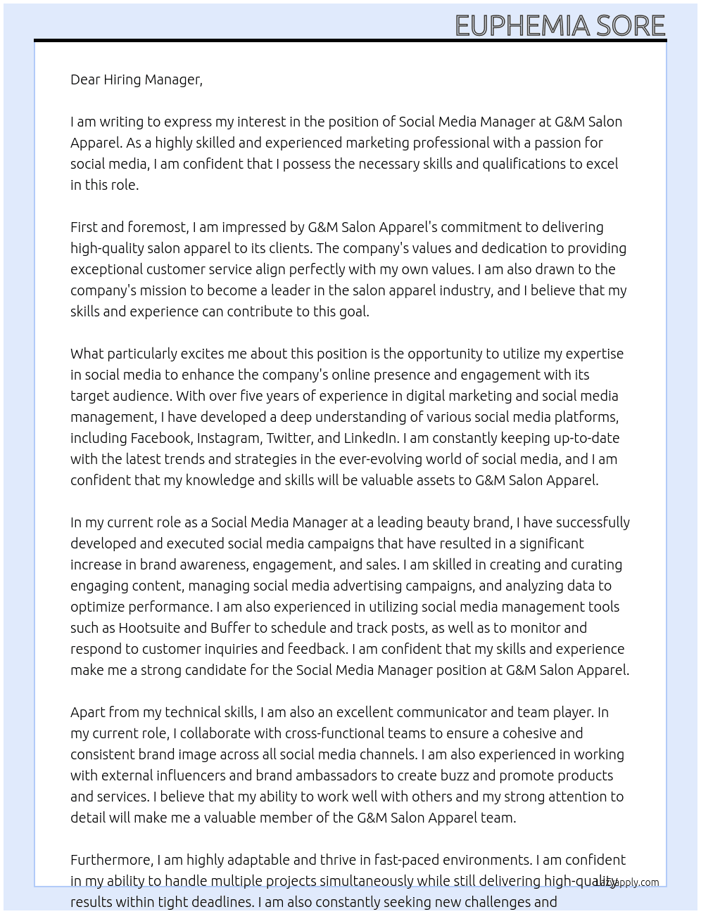 Social Media Manager At G&M Salon Apparel Cover Letter