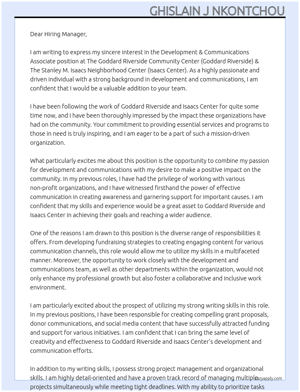 Development & Communications Associate At The Goddard Riverside Community Center (Goddard Riverside) &   The Stanley M. Isaacs Neighborhood Center (Isaacs Center Cover Letter