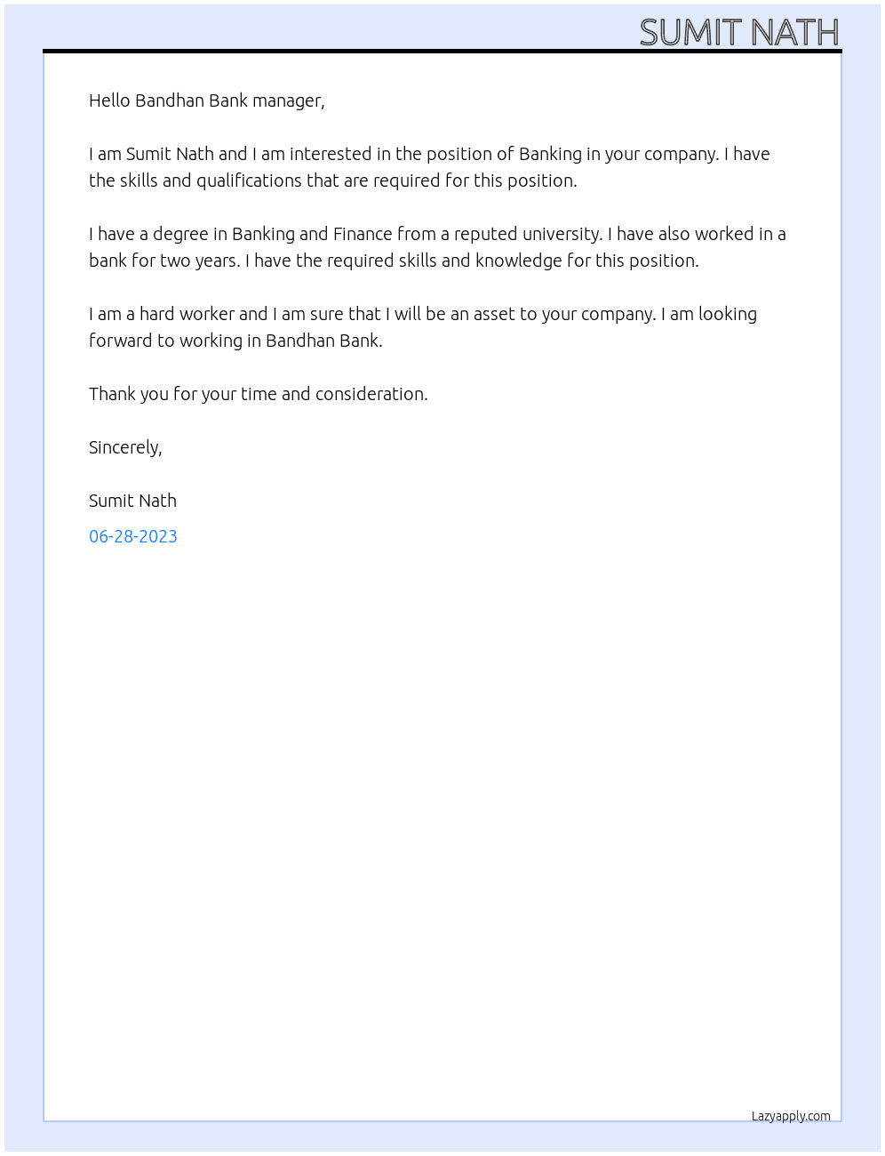 Banking  At Bandhan Bank  Cover Letter