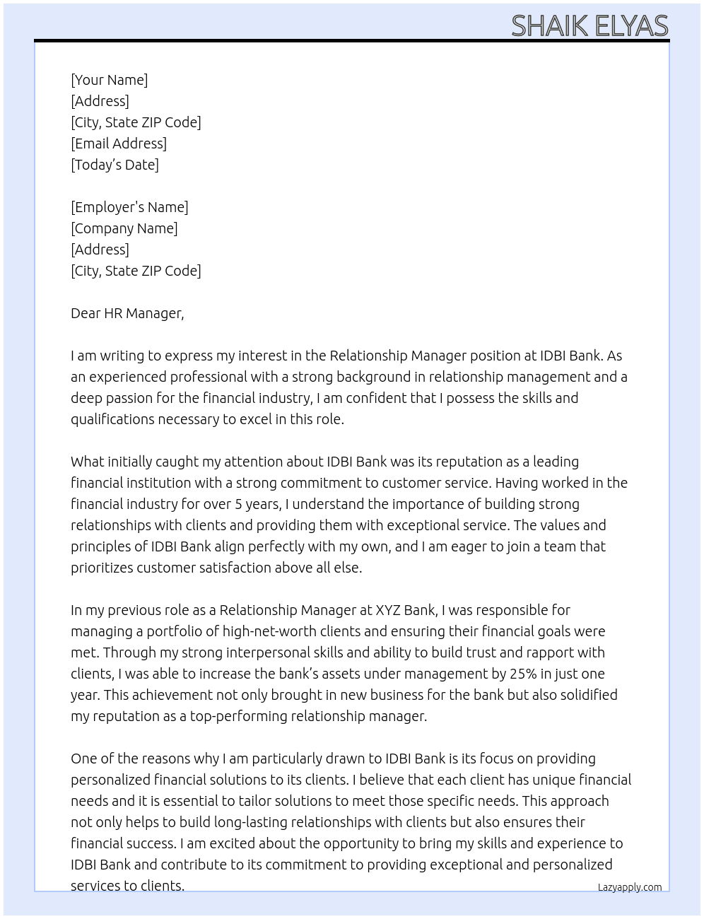 Relationship manager  At Idbi bank  Cover Letter