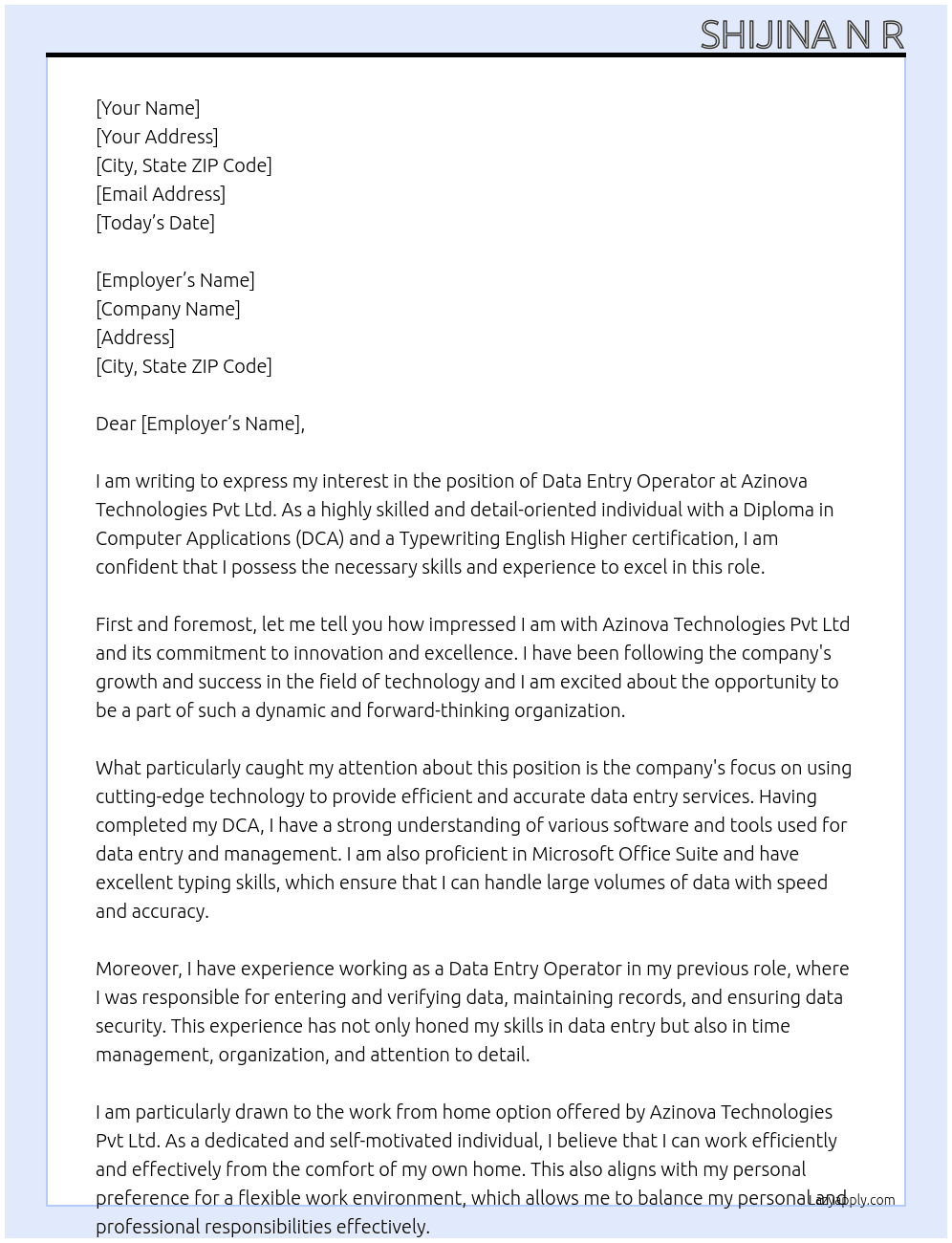 Data Entry Operator At Azinova Technologies Pvt Ltd Cover Letter