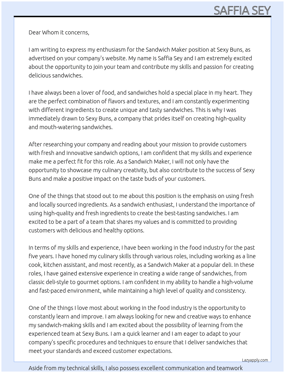 Sandwhich Maker  At Sexy Buns  Cover Letter