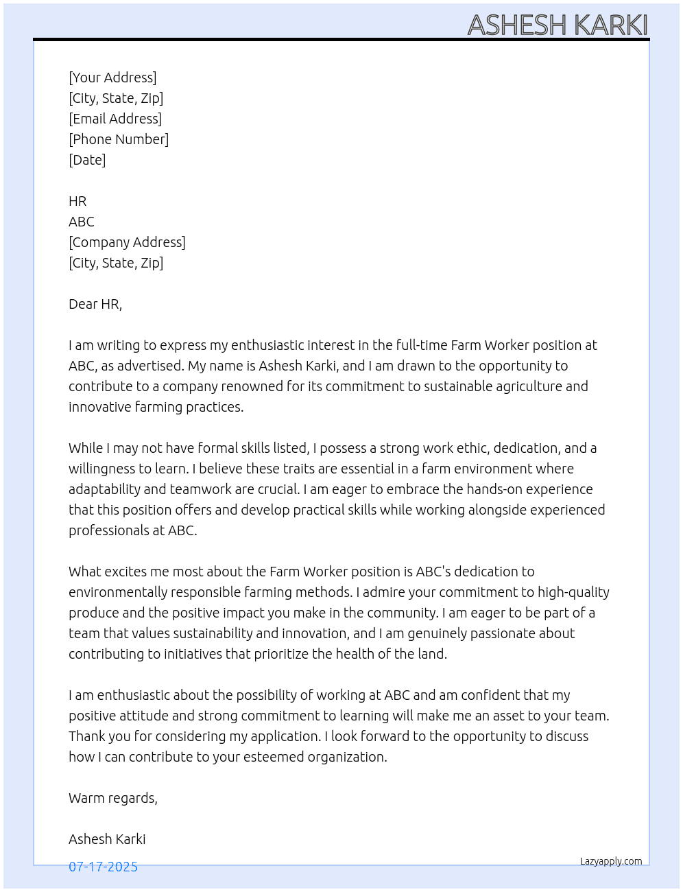 Farm worker At Abc Cover Letter