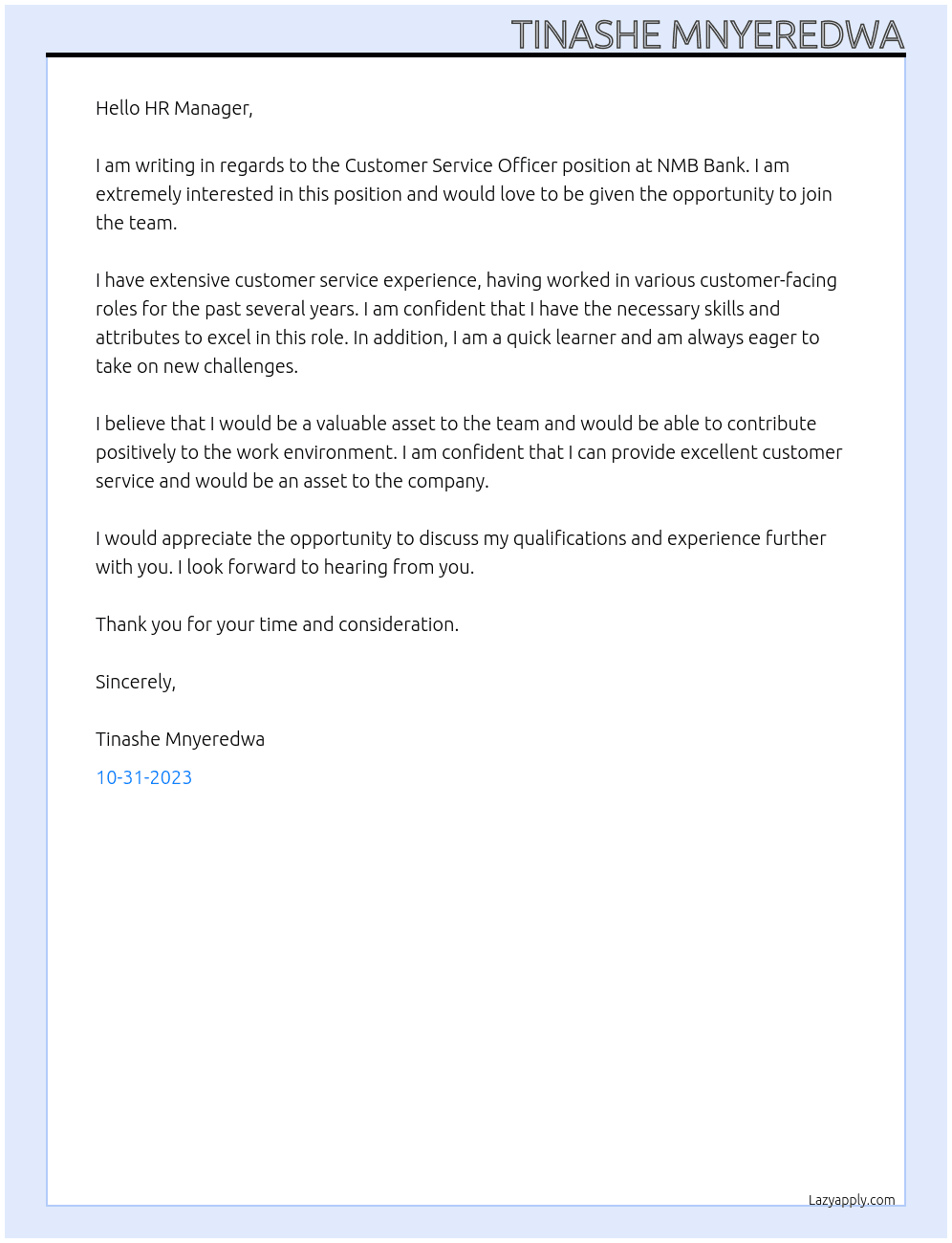 Customer Service Officer At NMB Bank Cover Letter