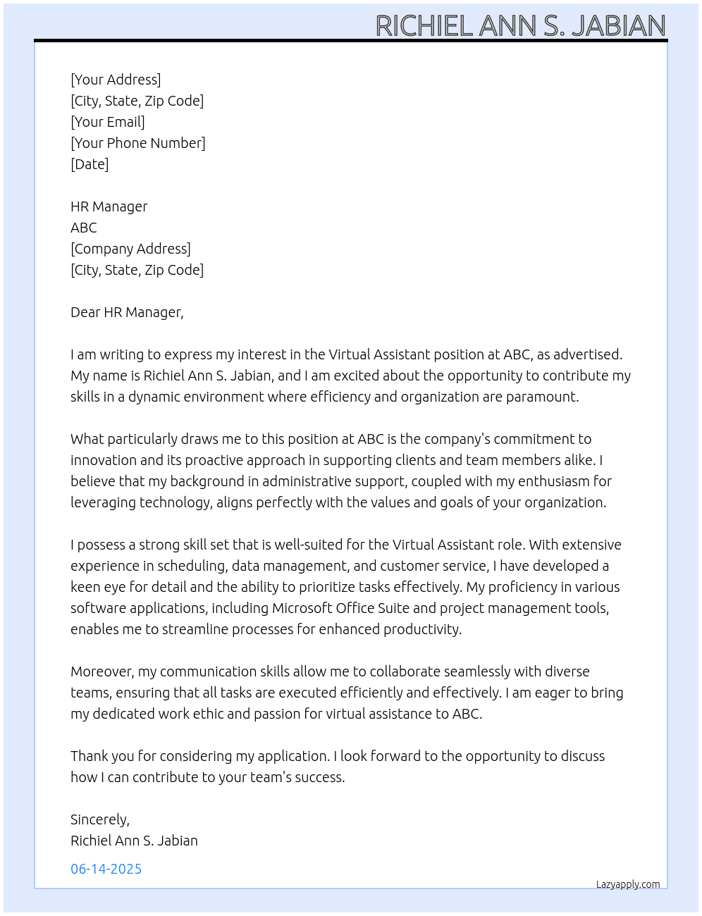virtual assistant At ABC Cover Letter