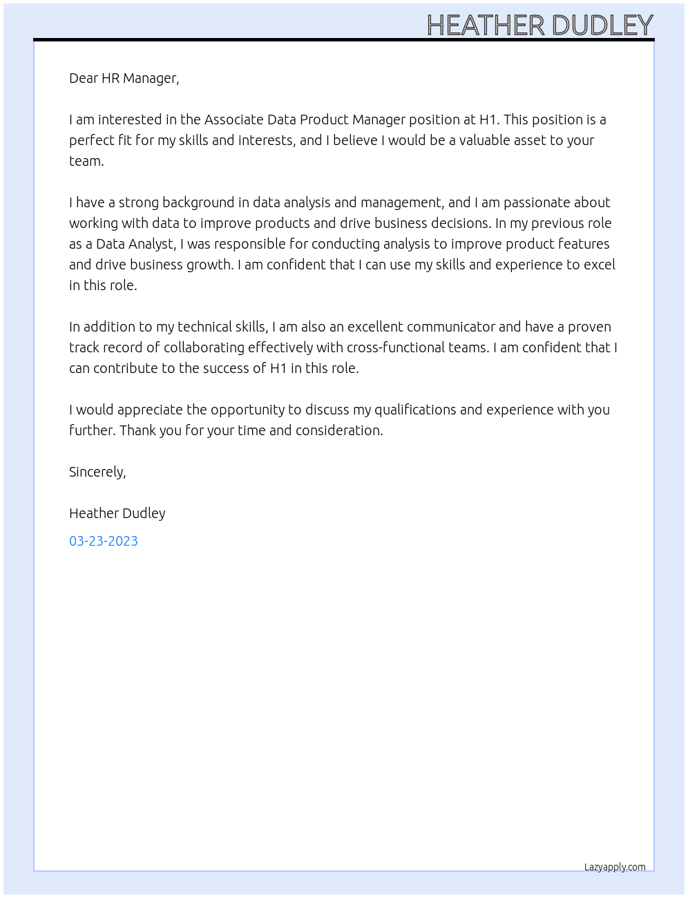 Associate Data Product Manager At H1 Cover Letter