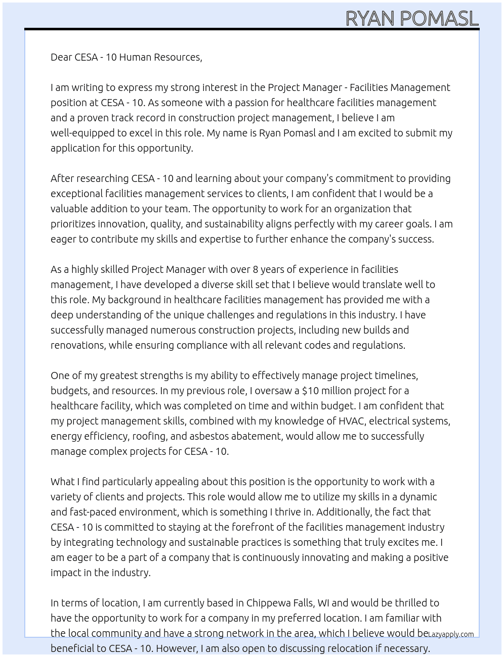 Project Manager - Facilities Management At CESA - 10 Cover Letter
