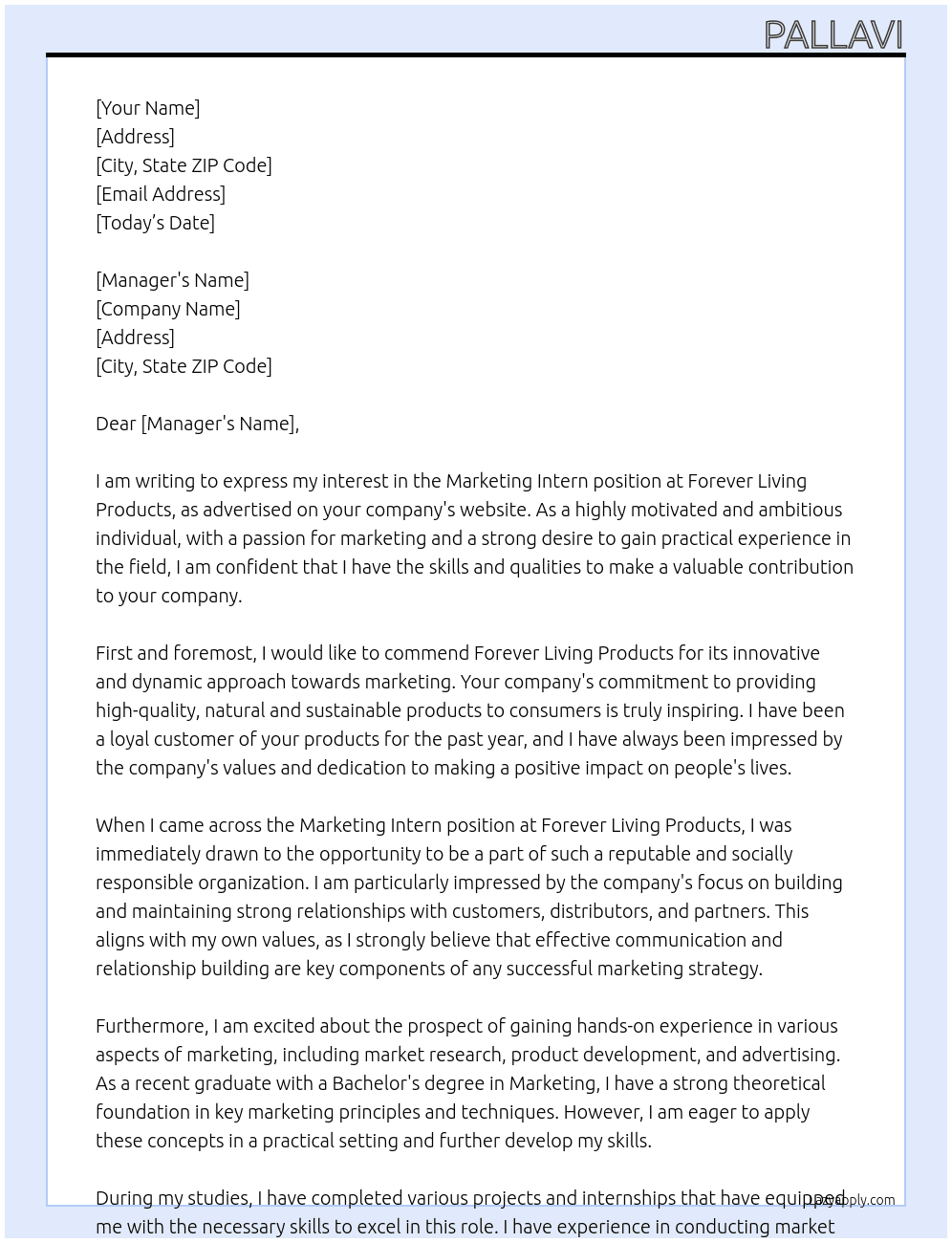 Marketing intern At Forever living products  Cover Letter