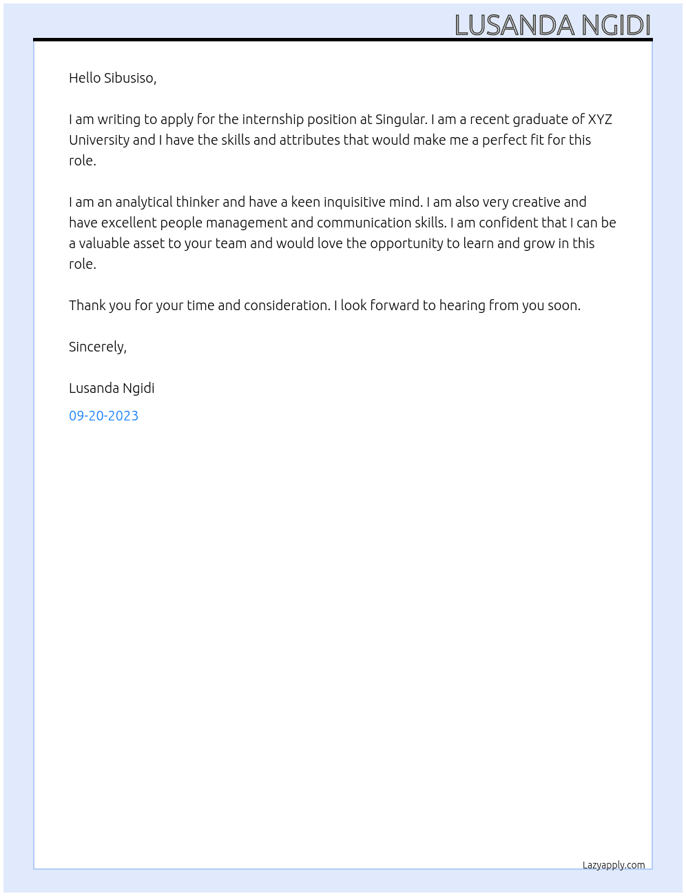 Intern At Singular Cover Letter