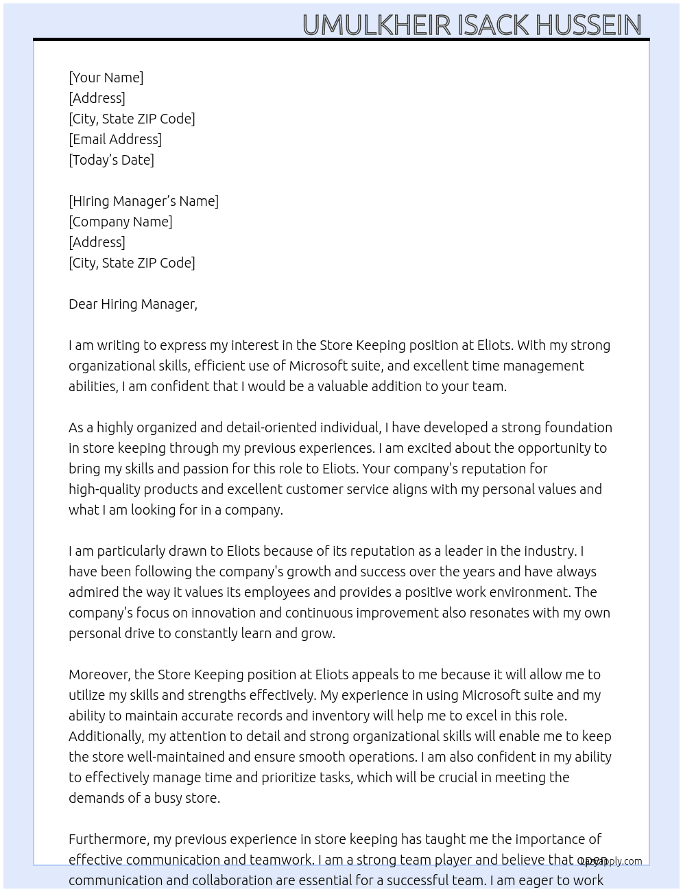 Store keeping  At Eliots Cover Letter