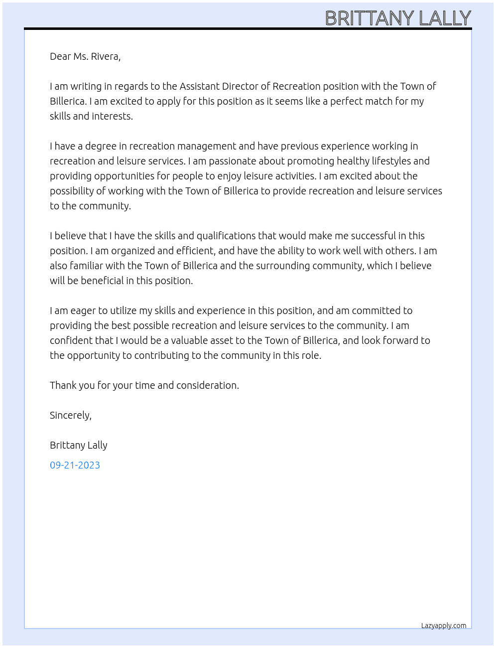 Assistant Director of Recreation At Town of Billerica Cover Letter