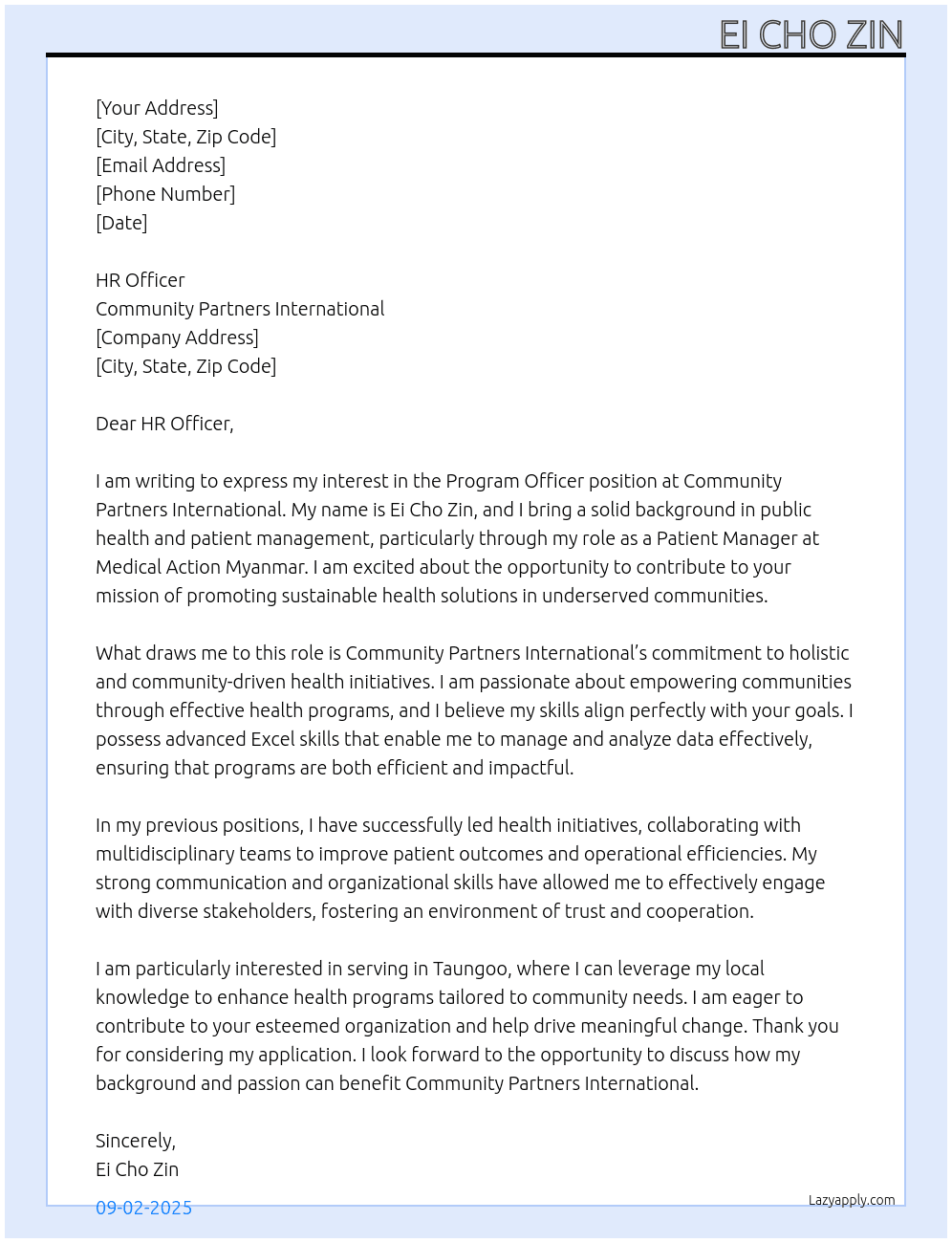 Program Officer At Community Partners International Cover Letter