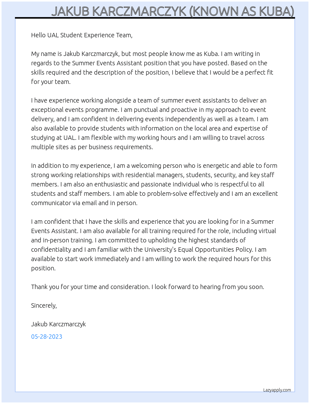 Summer Events Assistant At UAL Accomodation Services Cover Letter