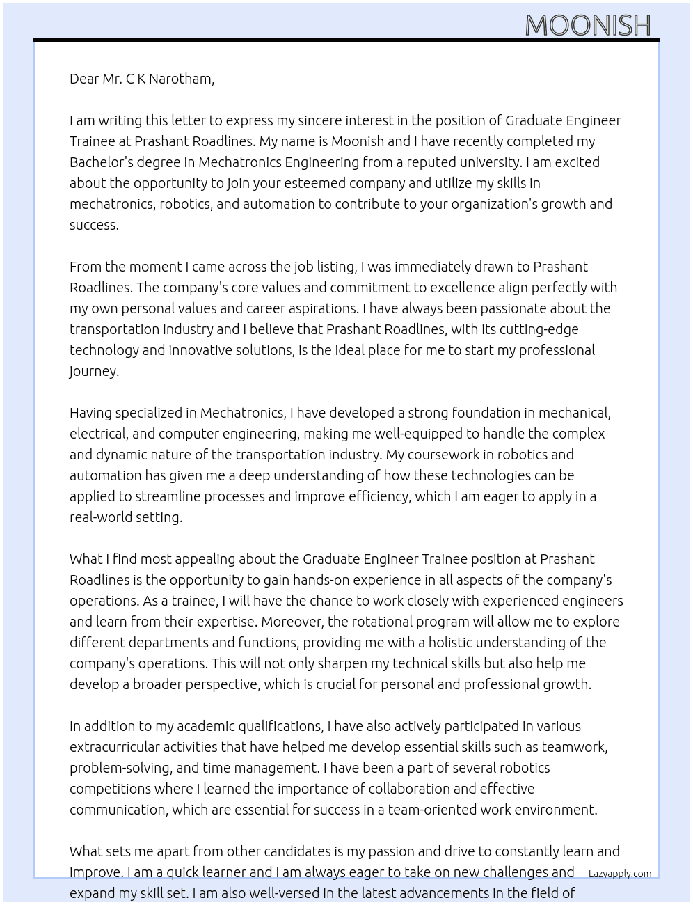 Graduate engineer trainee  At Prashant Roadlines Cover Letter